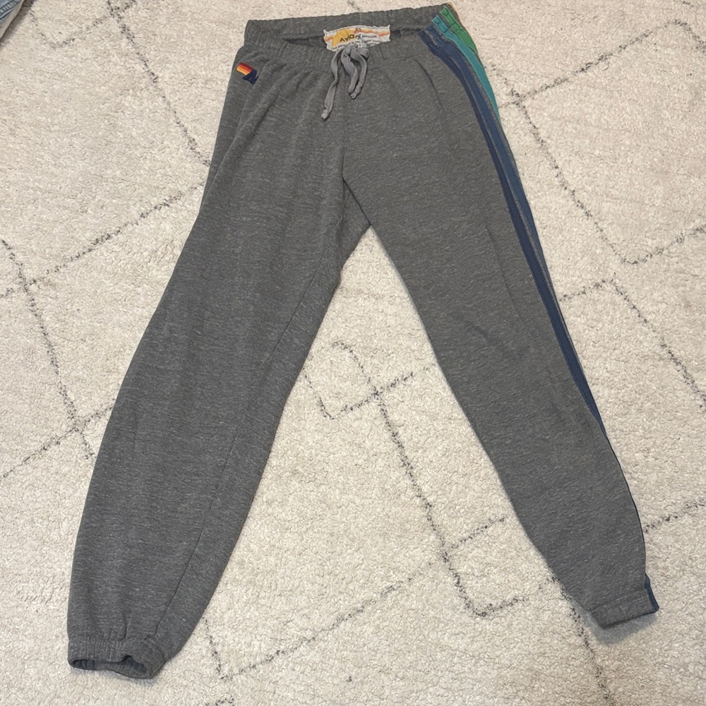 Aviator Nation Gray Joggers with Colorful Stripes down one side.